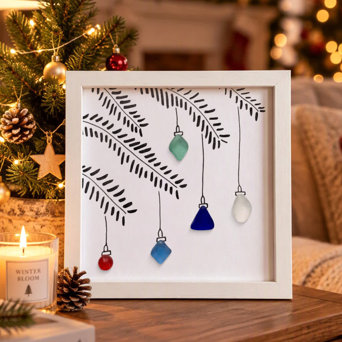 Five Hanging Lights Simple Christmas Sea Glass Framed Art - White - 8" X 8" - image 3