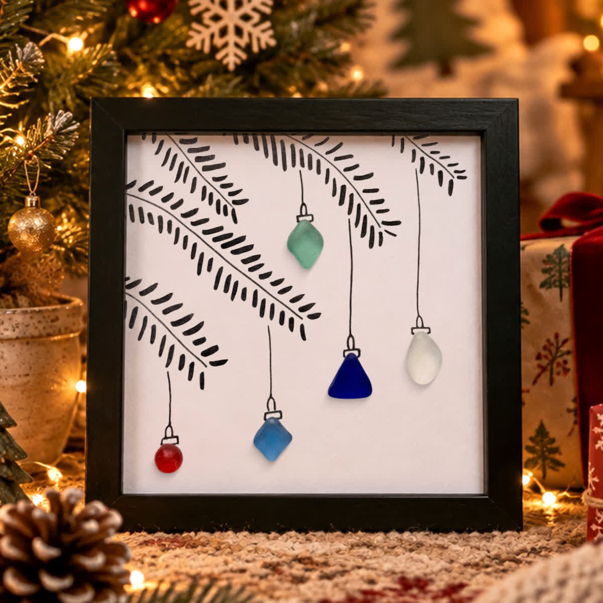 Five Hanging Lights Simple Christmas Sea Glass Framed Art - Black - 8" X 8" - image 2