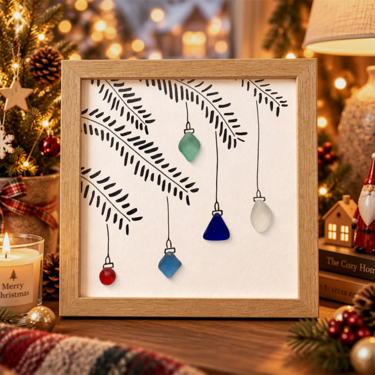 Five Hanging Lights Simple Christmas Sea Glass Framed Art - Oak - 8" X 8" - image 0