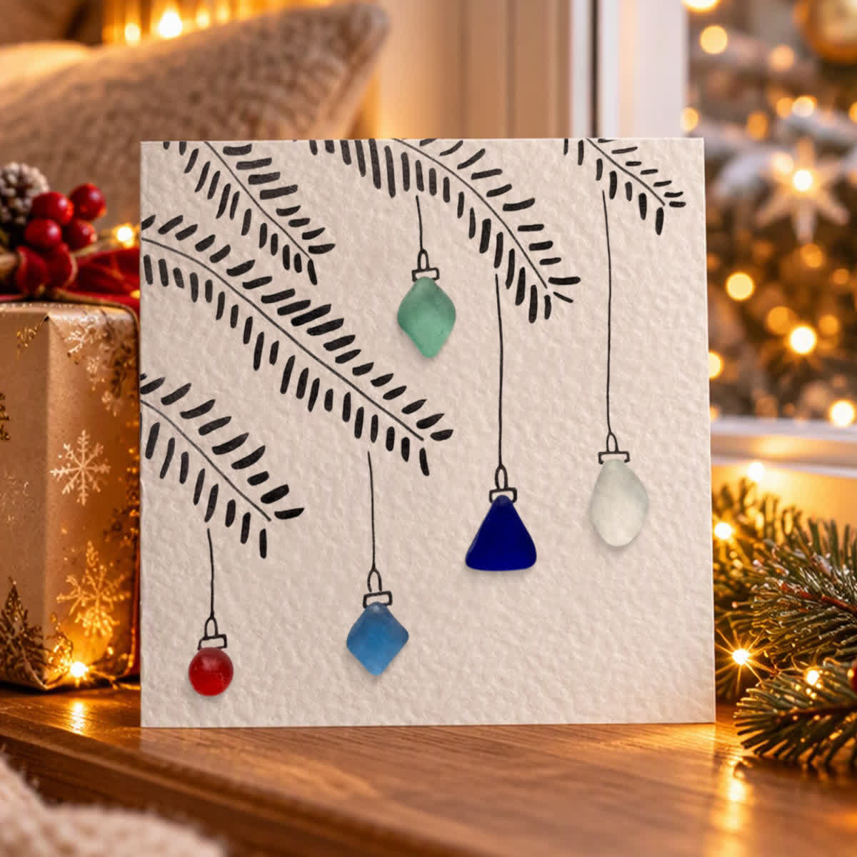 Five Hanging Lights Simple Christmas Sea Glass Framed Art - Seaglass Card - 8" X 8" - image 1