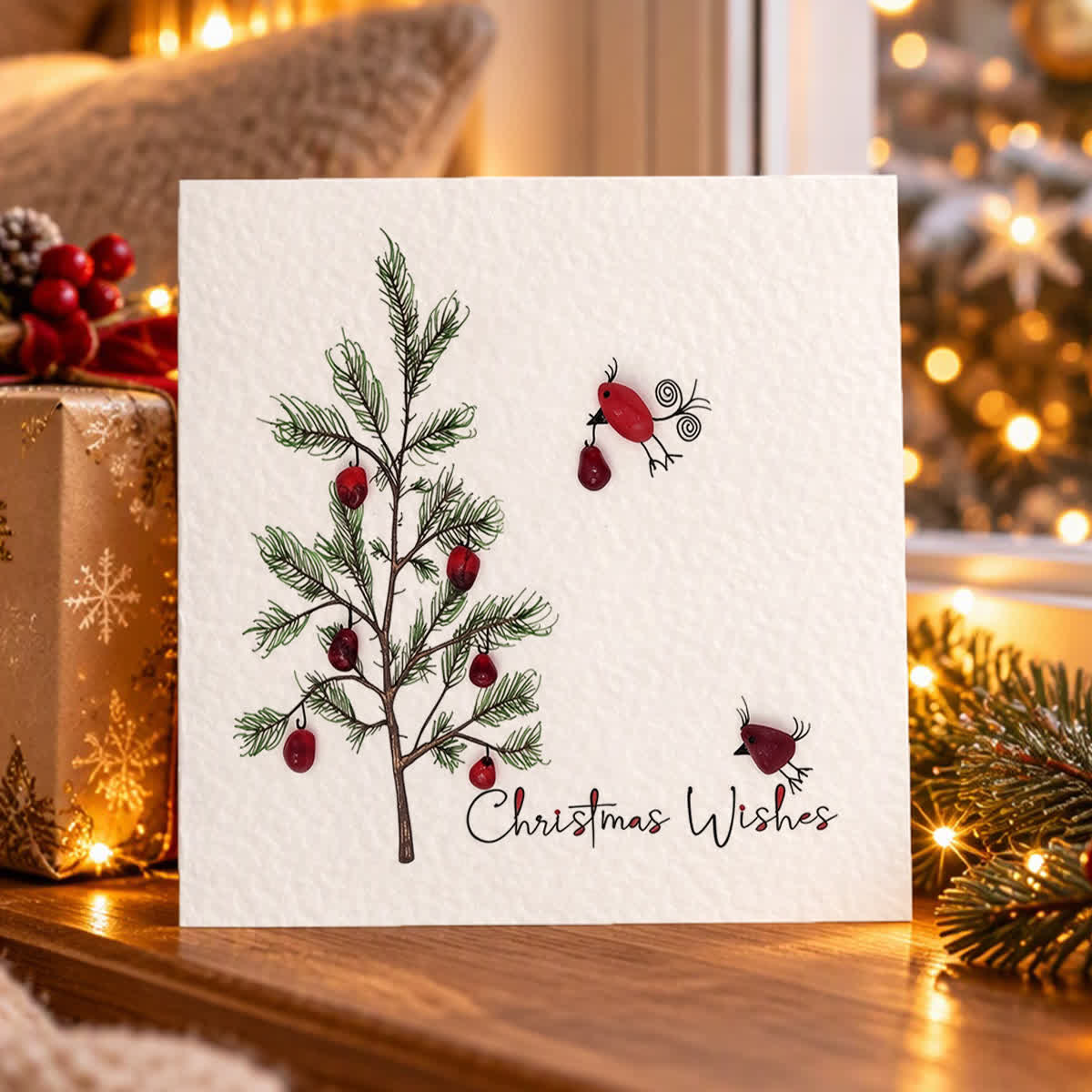 Christmas Wishes Holiday Bird & Pine Tree Sea Glass Framed Art - Seaglass Card - 8" X 8" - image 1