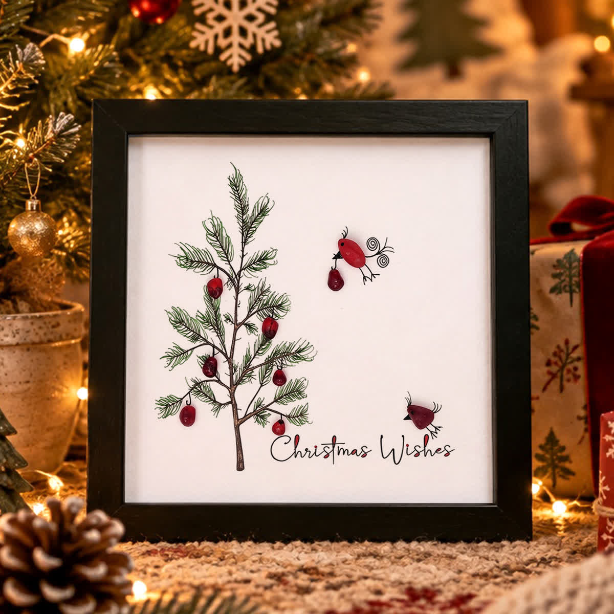 Christmas Wishes Holiday Bird & Pine Tree Sea Glass Framed Art - Black - 8" X 8" - image 0