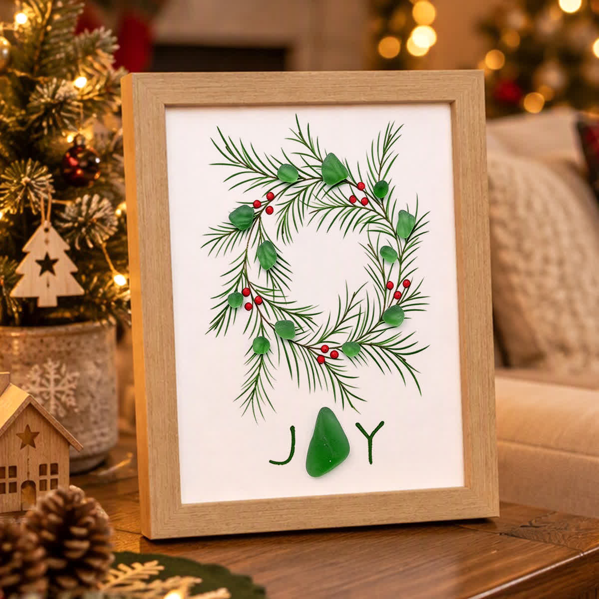 JOY Christmas Wreath With Berries Sea Glass Framed Art - Oak - 8" X 6" - image 0