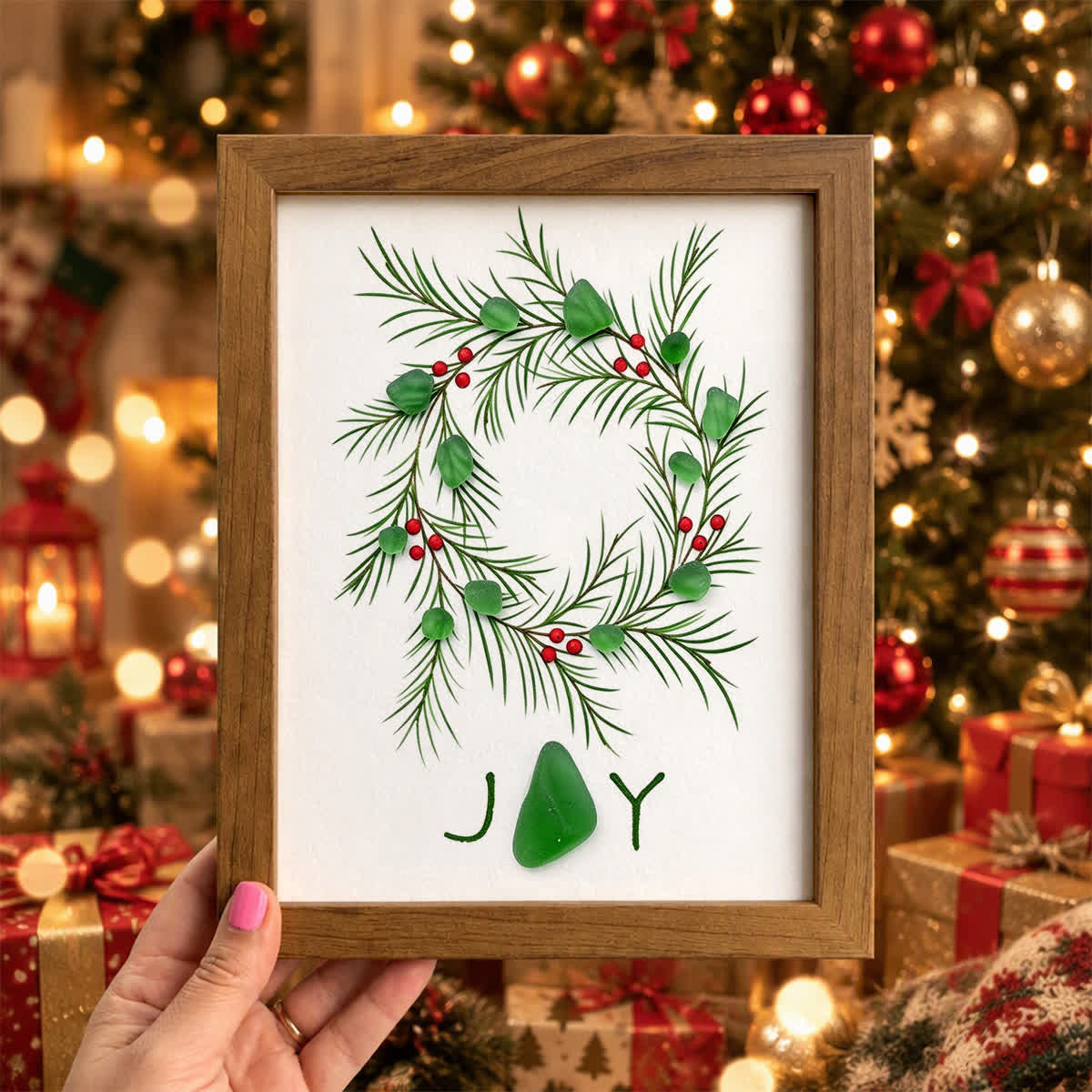 JOY Christmas Wreath With Berries Sea Glass Framed Art - Walnut Brown - 8" X 6" - image 2