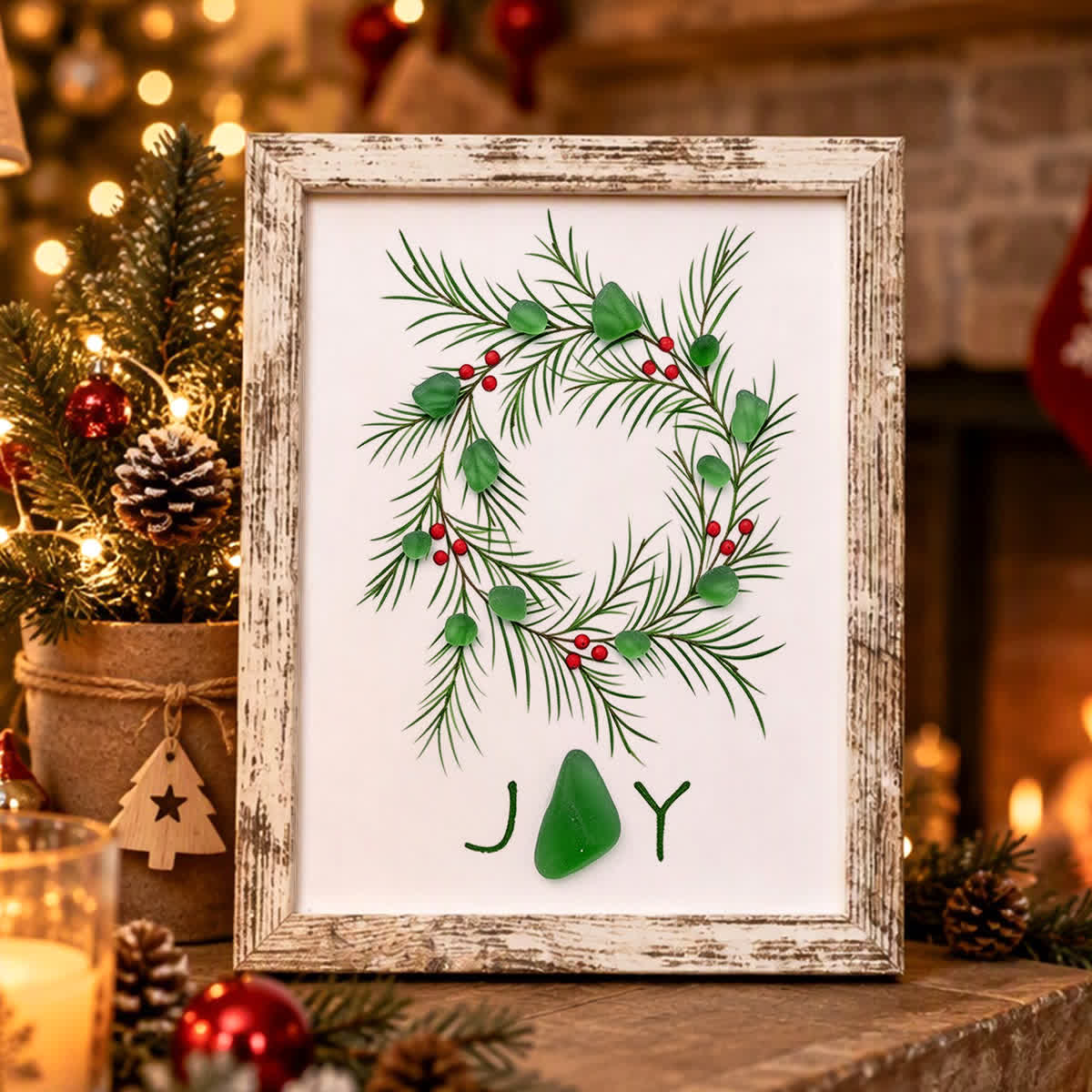 JOY Christmas Wreath With Berries Sea Glass Framed Art - Retro White - 8" X 6" - image 5