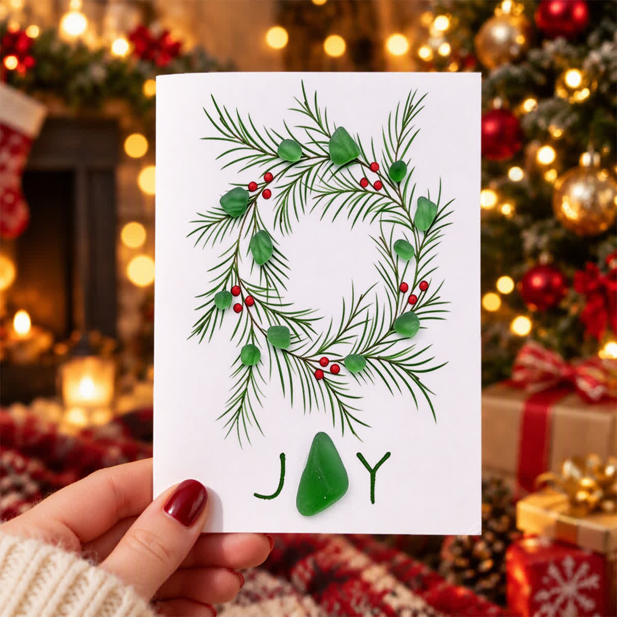 JOY Christmas Wreath With Berries Sea Glass Framed Art - Seaglass Card - 8" X 6" - image 1