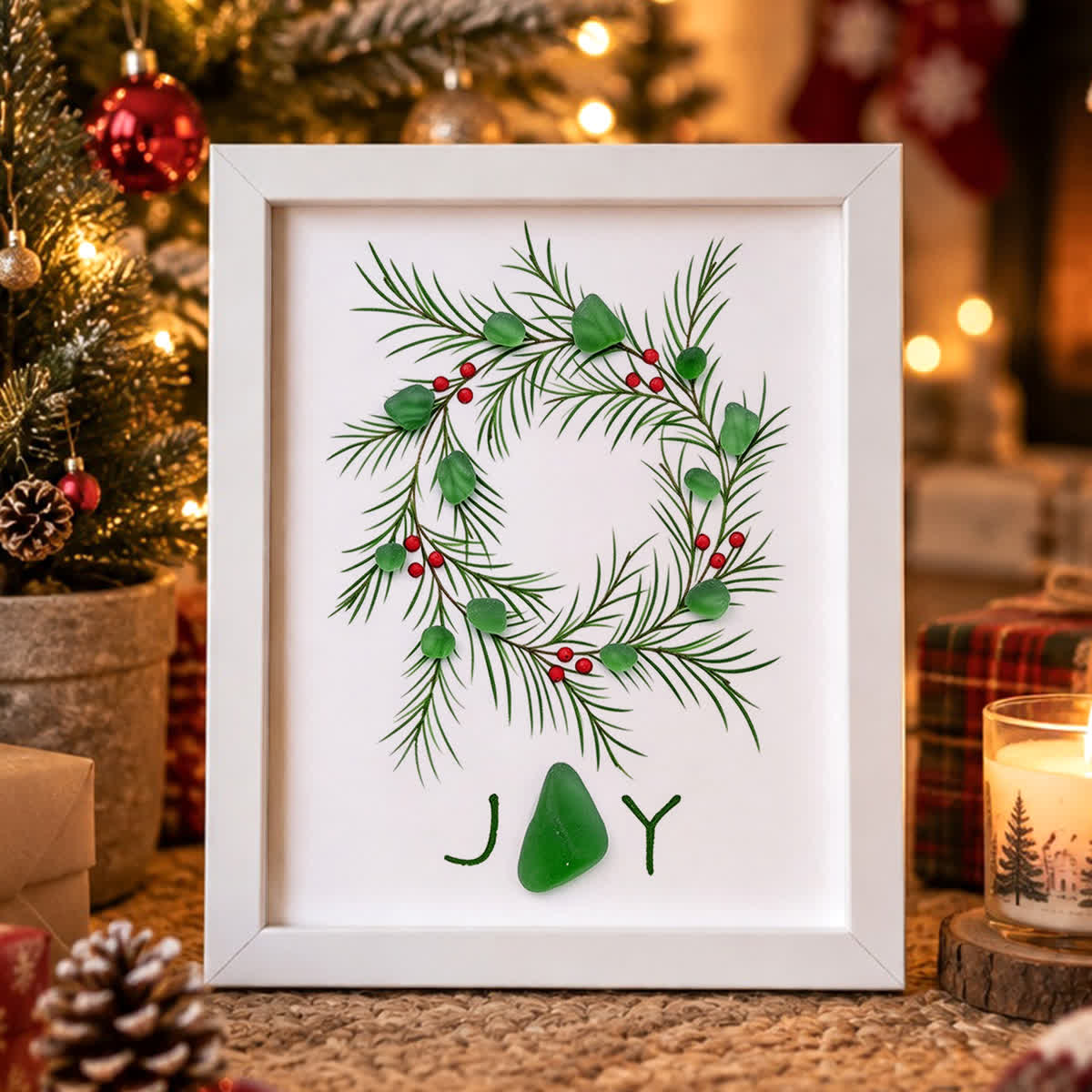 JOY Christmas Wreath With Berries Sea Glass Framed Art - White - 8" X 6" - image 4