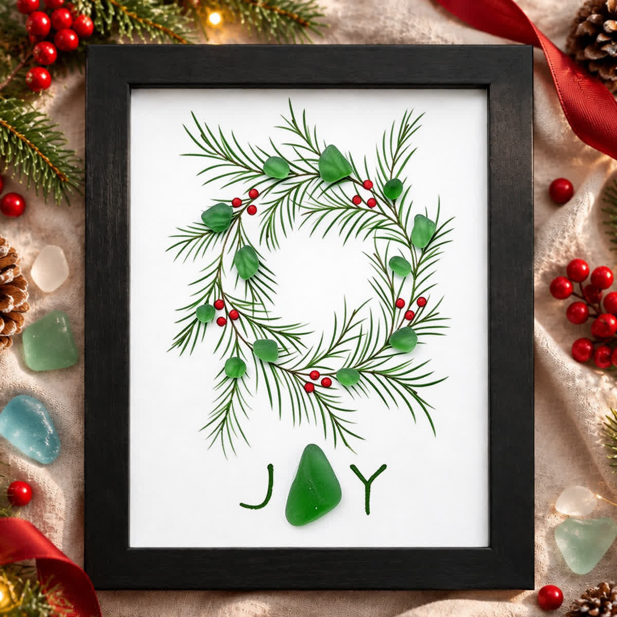 JOY Christmas Wreath With Berries Sea Glass Framed Art - Black - 8" X 6" - image 3