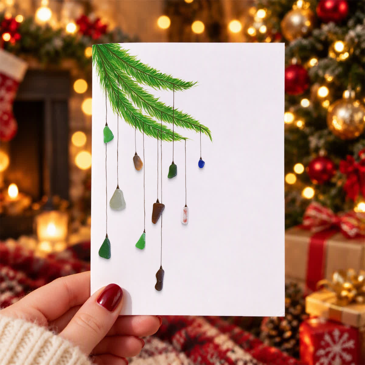Pine Branch & Little Lights Christmas Sea Glass Framed Art - Seaglass Card - 8" X 6" - image 1