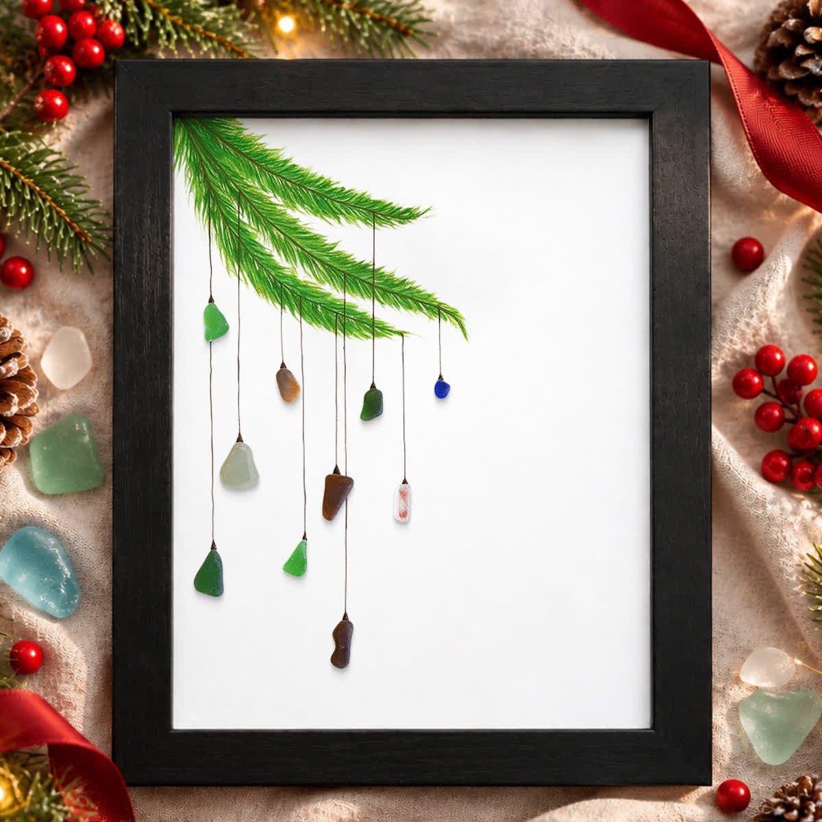 Pine Branch & Little Lights Christmas Sea Glass Framed Art - Black - 8" X 6" - image 4