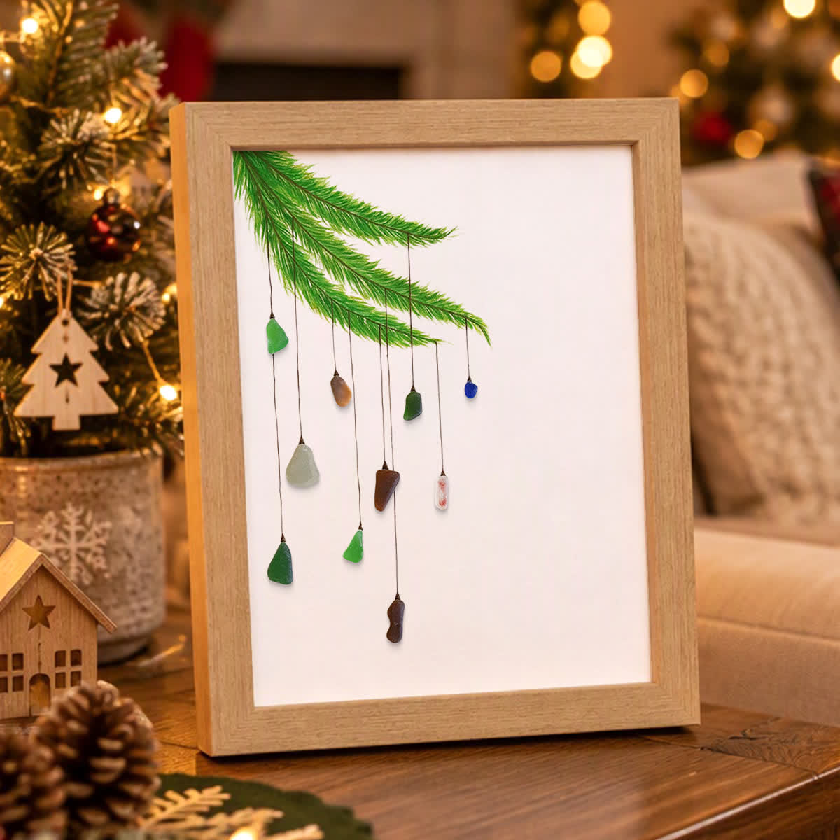 Pine Branch & Little Lights Christmas Sea Glass Framed Art - Oak - 8" X 6" - image 2