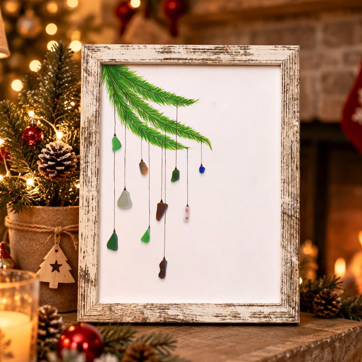 Pine Branch & Little Lights Christmas Sea Glass Framed Art - Retro White - 8" X 6" - image 0