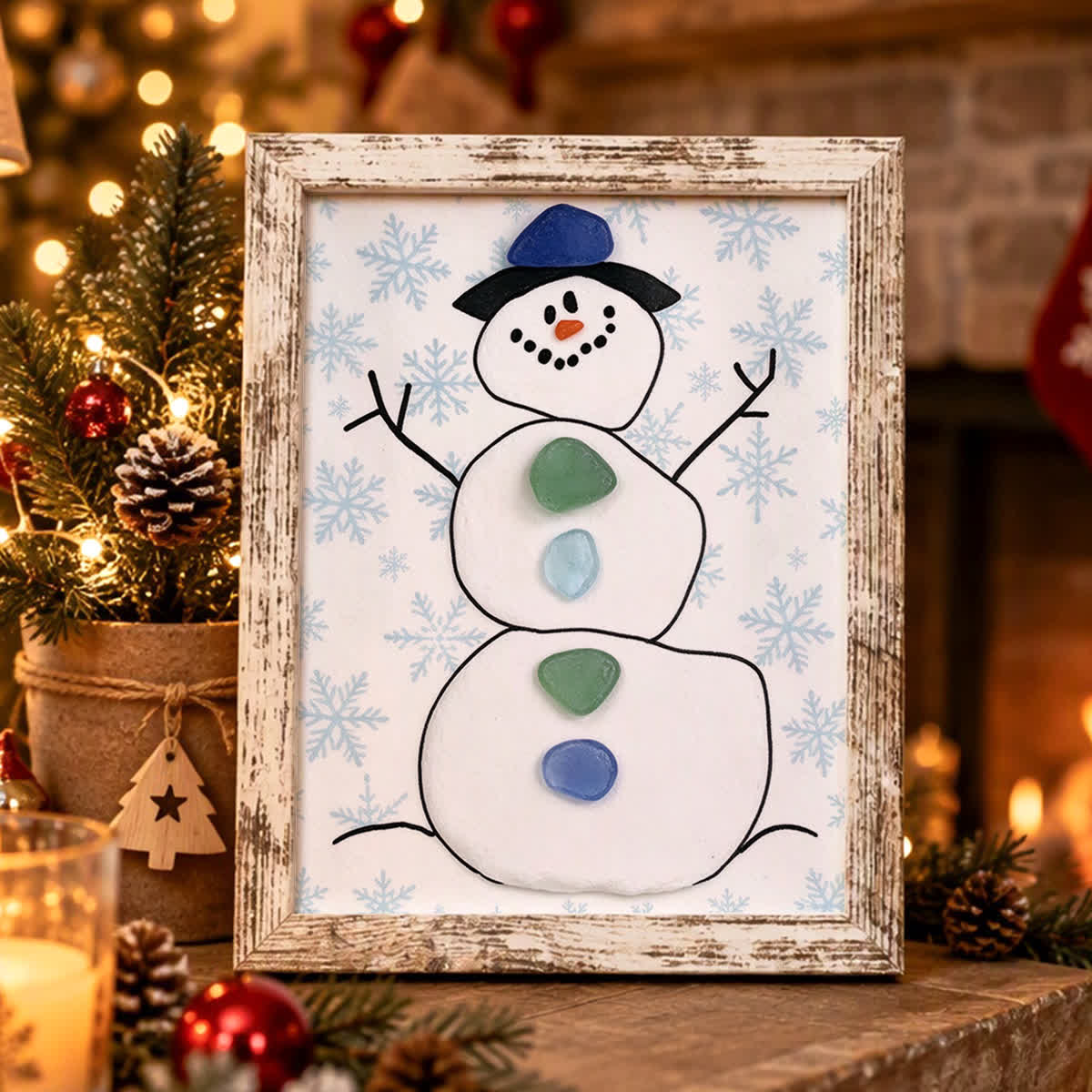 Cute Frosty Snowman Christmas Sea Glass Framed Art - Retro White - 8" X 6" - image 5