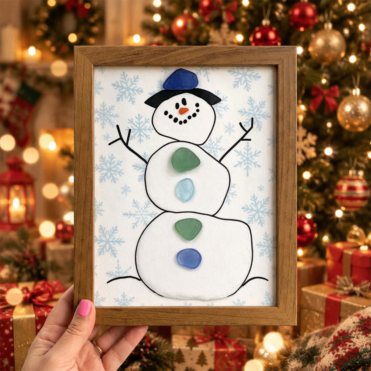 Cute Frosty Snowman Christmas Sea Glass Framed Art - Walnut Brown - 8" X 6" - image 0