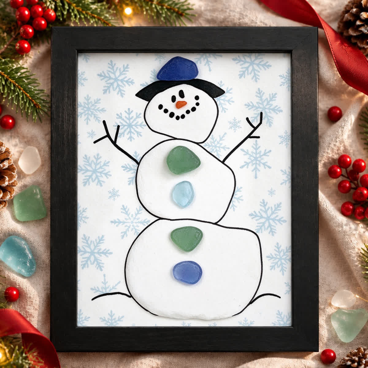 Cute Frosty Snowman Christmas Sea Glass Framed Art - Black - 8" X 6" - image 3