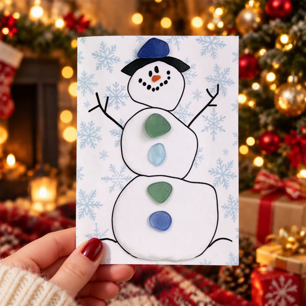 Cute Frosty Snowman Christmas Sea Glass Framed Art - Seaglass Card - 8" X 6" - image 1