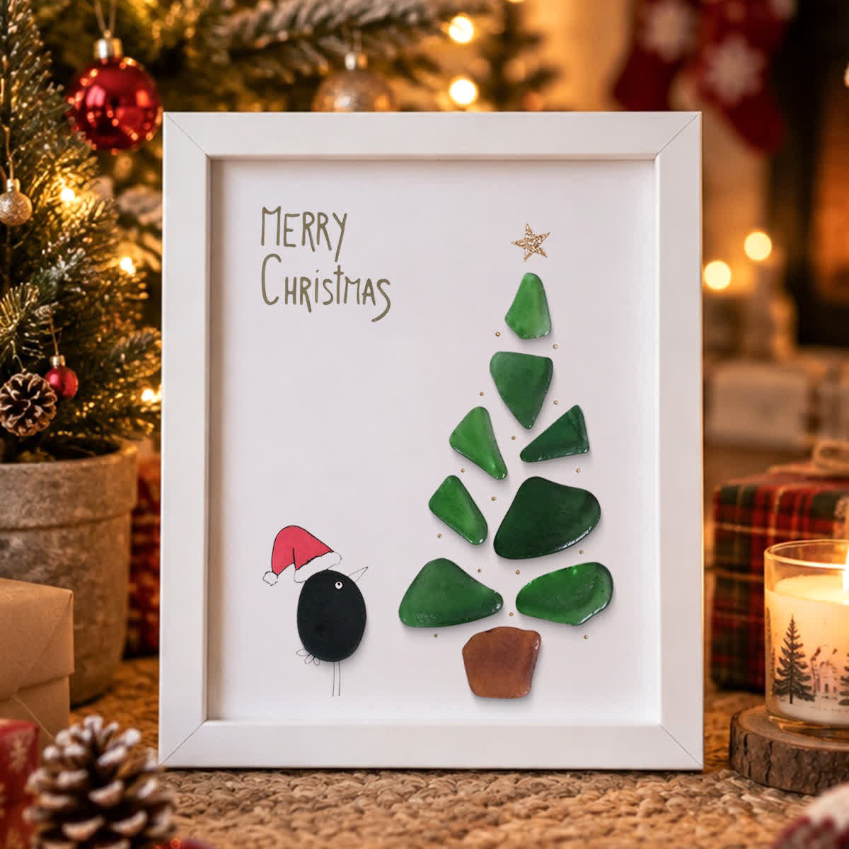 Santa Bird's Christmas Tree Whimsical Sea Glass Framed Art - White - 8" X 6" - image 4