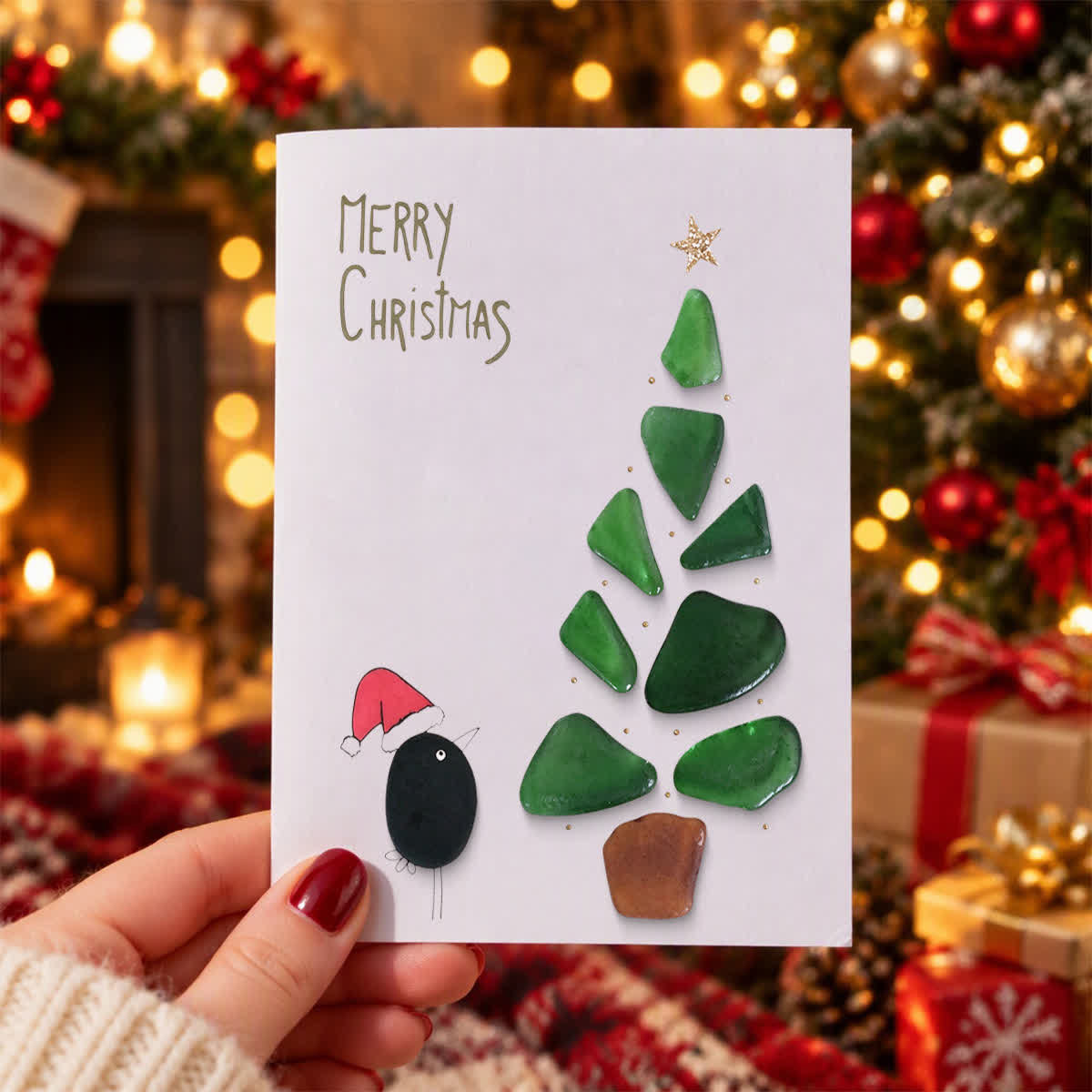 Santa Bird's Christmas Tree Whimsical Sea Glass Framed Art - Seaglass Card - 8" X 6" - image 1