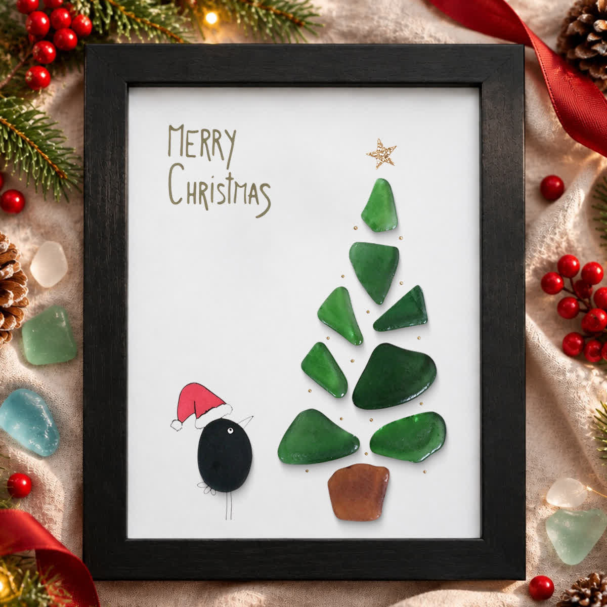 Santa Bird's Christmas Tree Whimsical Sea Glass Framed Art - Black - 8" X 6" - image 0