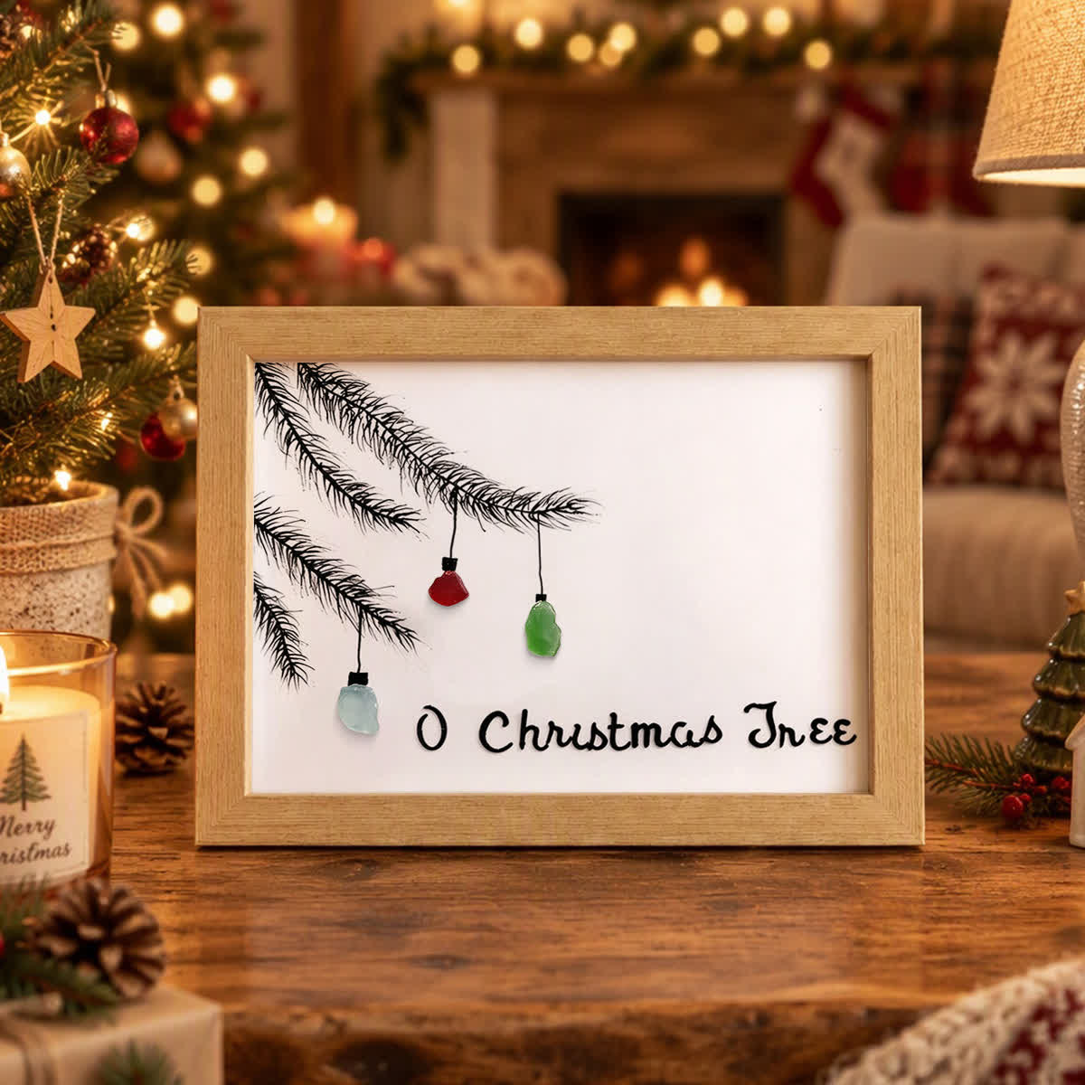 Pine Branch With Lights Christmas Sea Glass Framed Art - Oak - 6" X 8" - image 2