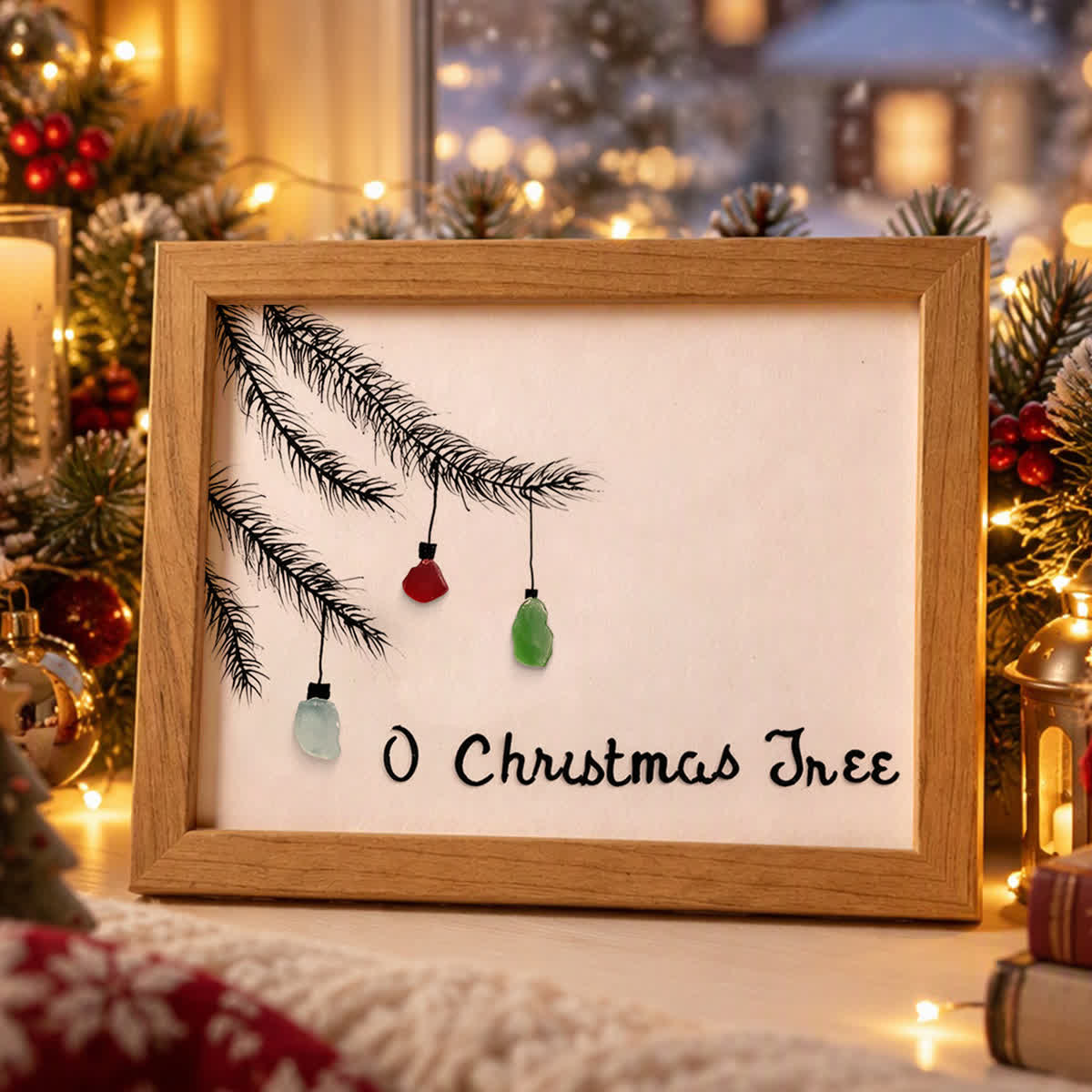 Pine Branch With Lights Christmas Sea Glass Framed Art - Walnut Brown - 6" X 8" - image 0
