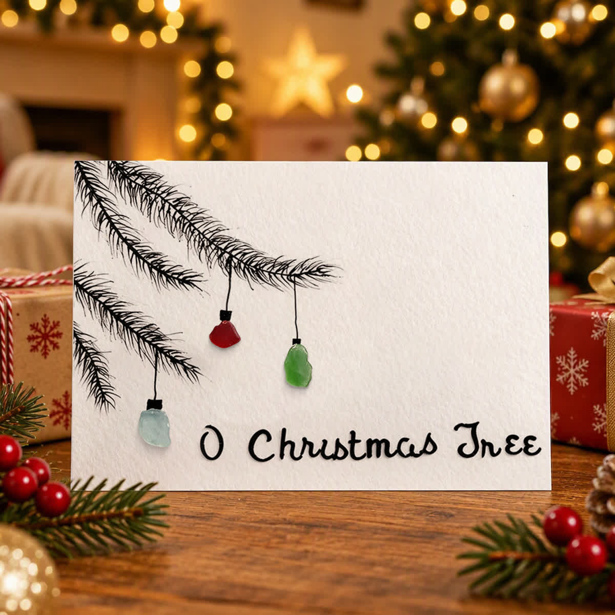 Pine Branch With Lights Christmas Sea Glass Framed Art - Seaglass Card - 6" X 8" - image 1