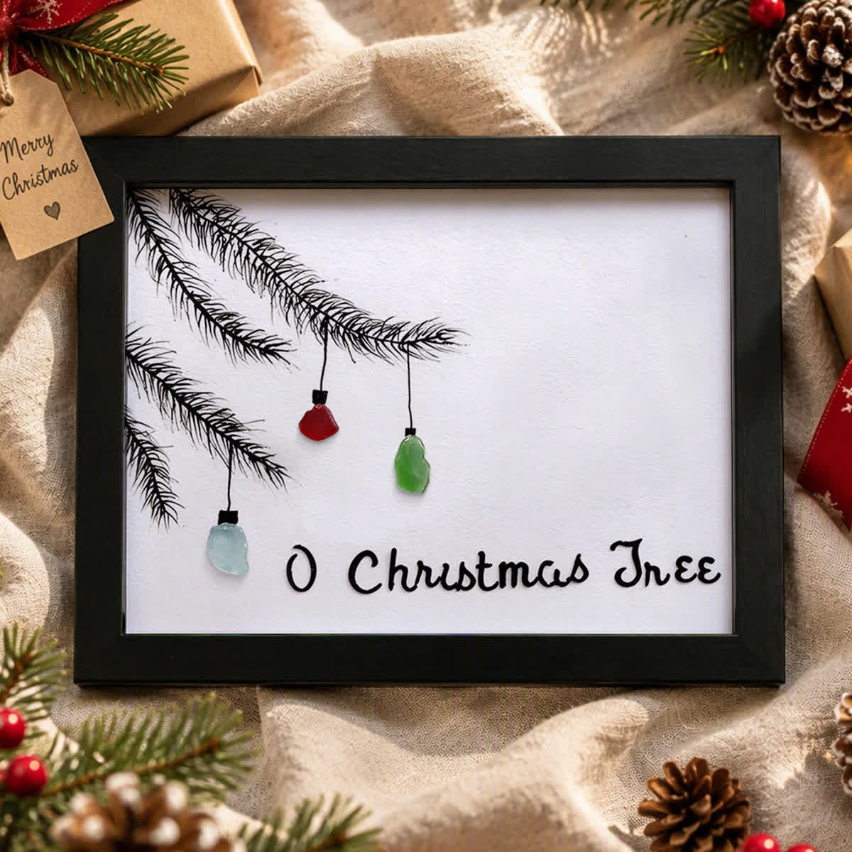 Pine Branch With Lights Christmas Sea Glass Framed Art - Black - 6" X 8" - image 3