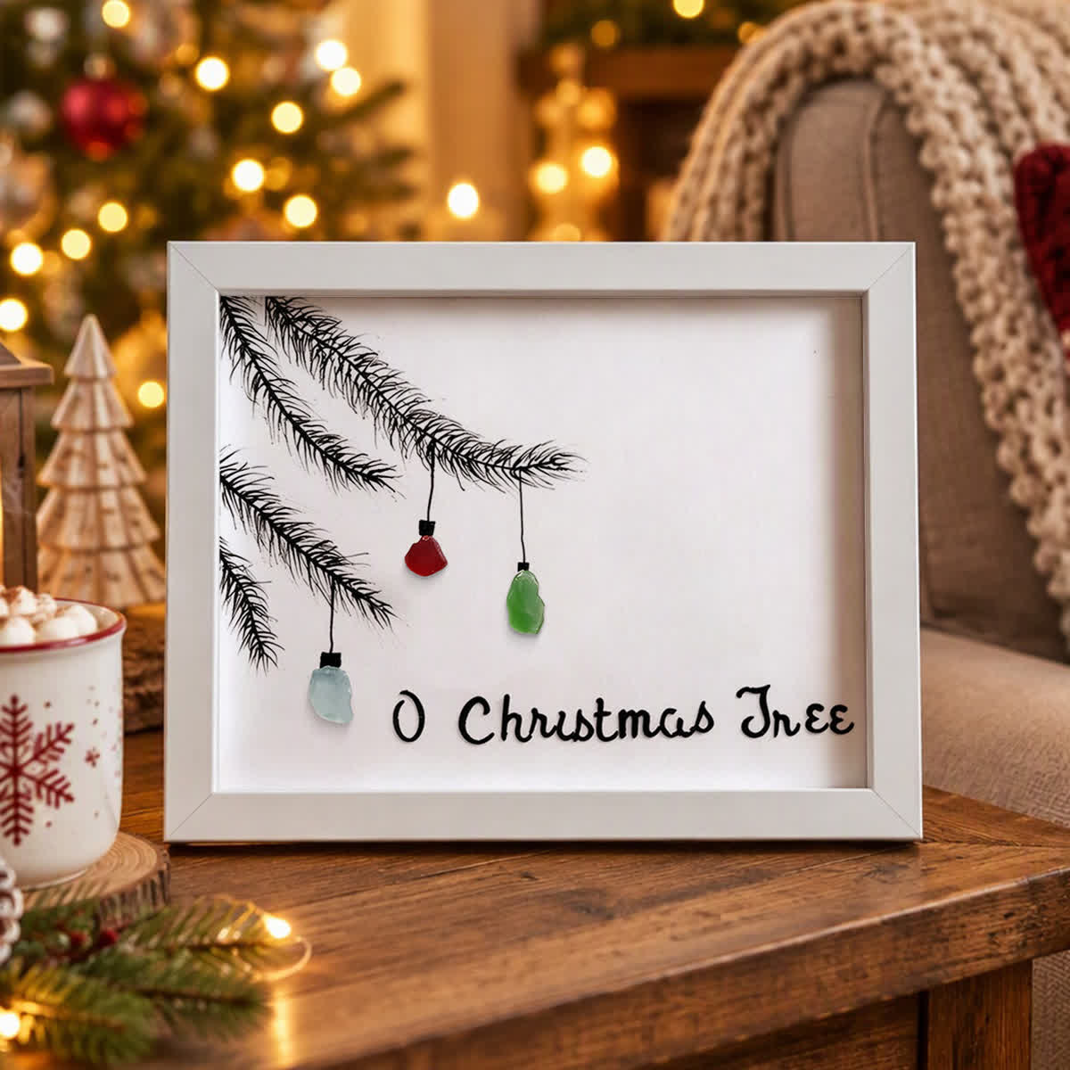 Pine Branch With Lights Christmas Sea Glass Framed Art - White - 6" X 8" - image 4