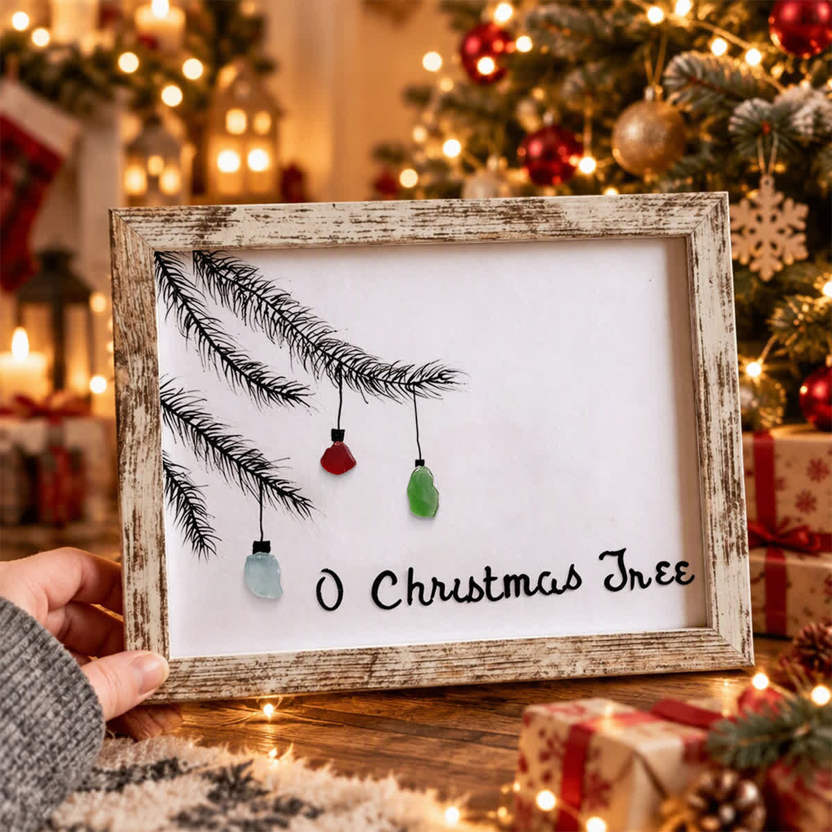 Pine Branch With Lights Christmas Sea Glass Framed Art - Retro White - 6" X 8" - image 5