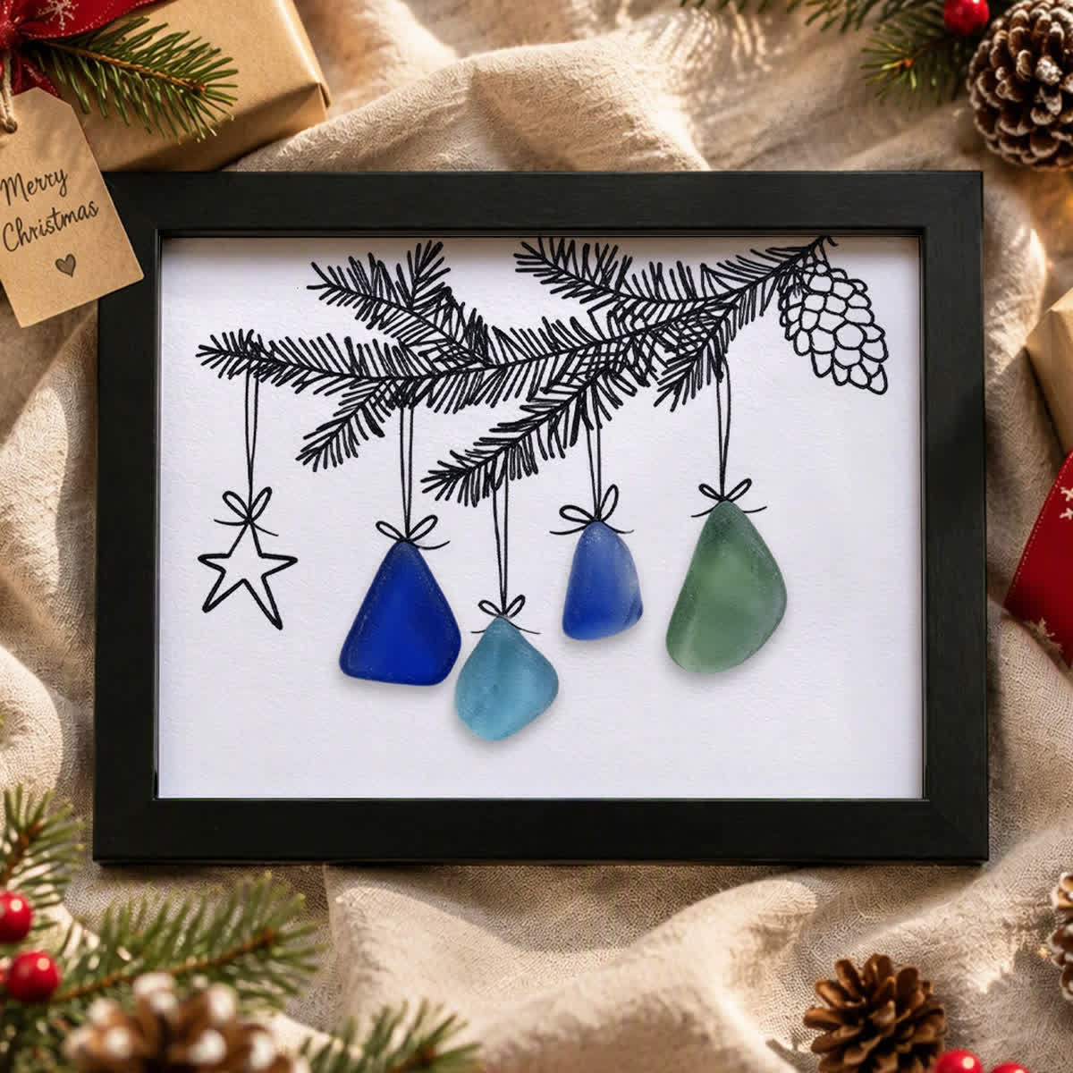 Pine Cone And Star Coastal Christmas Sea Glass Framed Art - Black - 6" X 8" - image 3