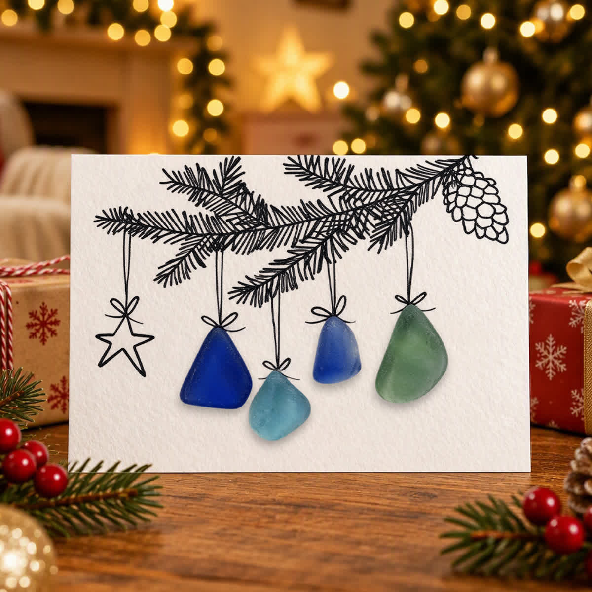 Pine Cone And Star Coastal Christmas Sea Glass Framed Art - Seaglass Card - 6" X 8" - image 1