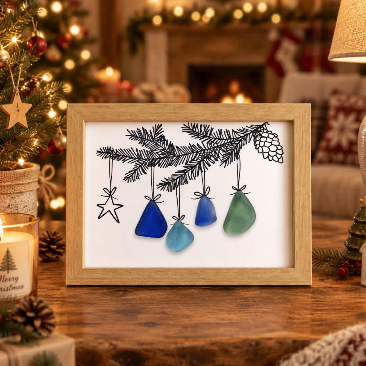 Pine Cone And Star Coastal Christmas Sea Glass Framed Art - Oak - 6" X 8" - image 2