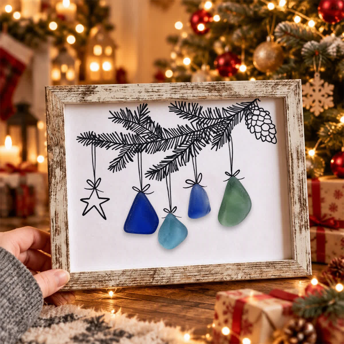 Pine Cone And Star Coastal Christmas Sea Glass Framed Art - Retro White - 6" X 8" - image 5