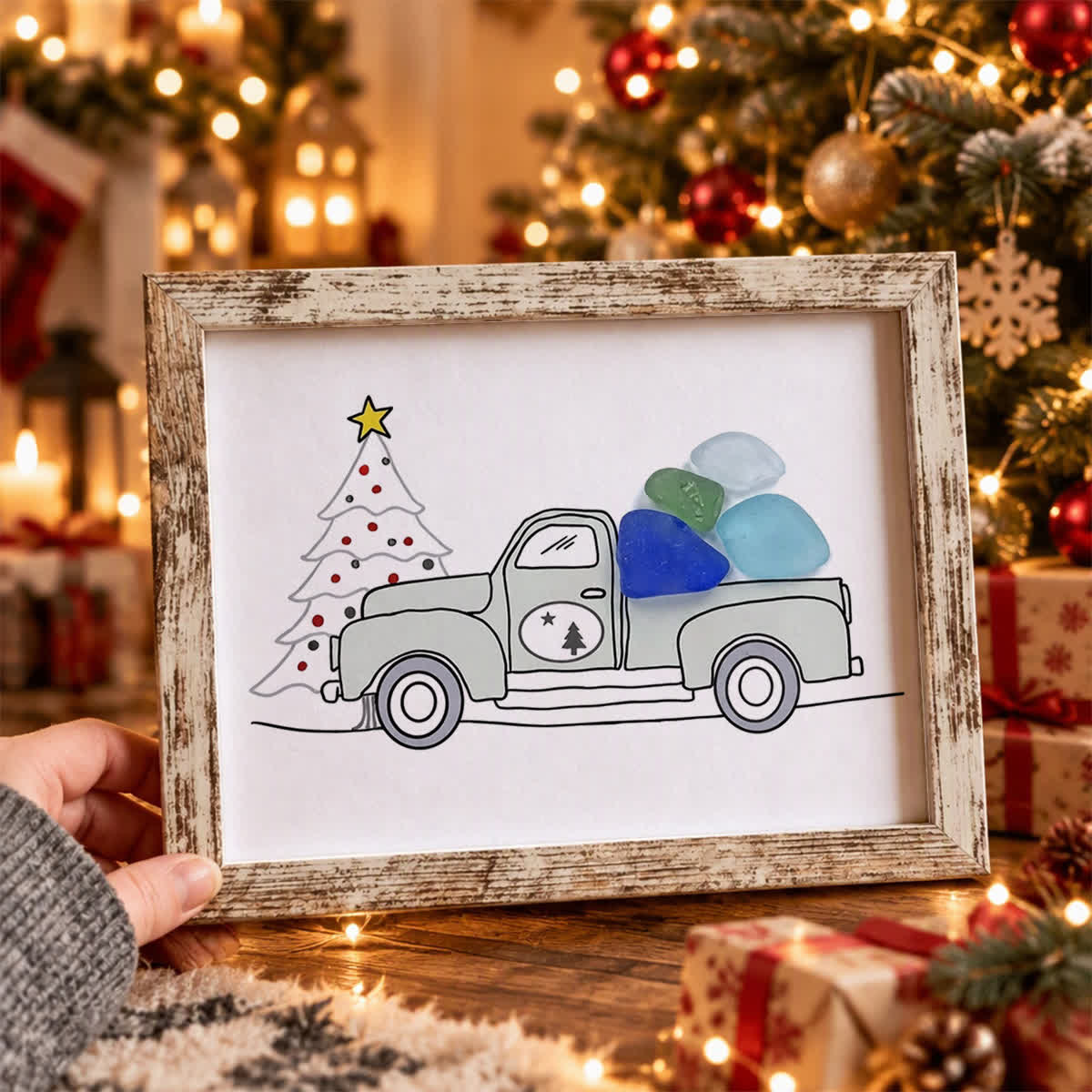 Christmas Truck Farmhouse Decor Sea Glass Framed Art - Retro White - 6" X 8" - image 0