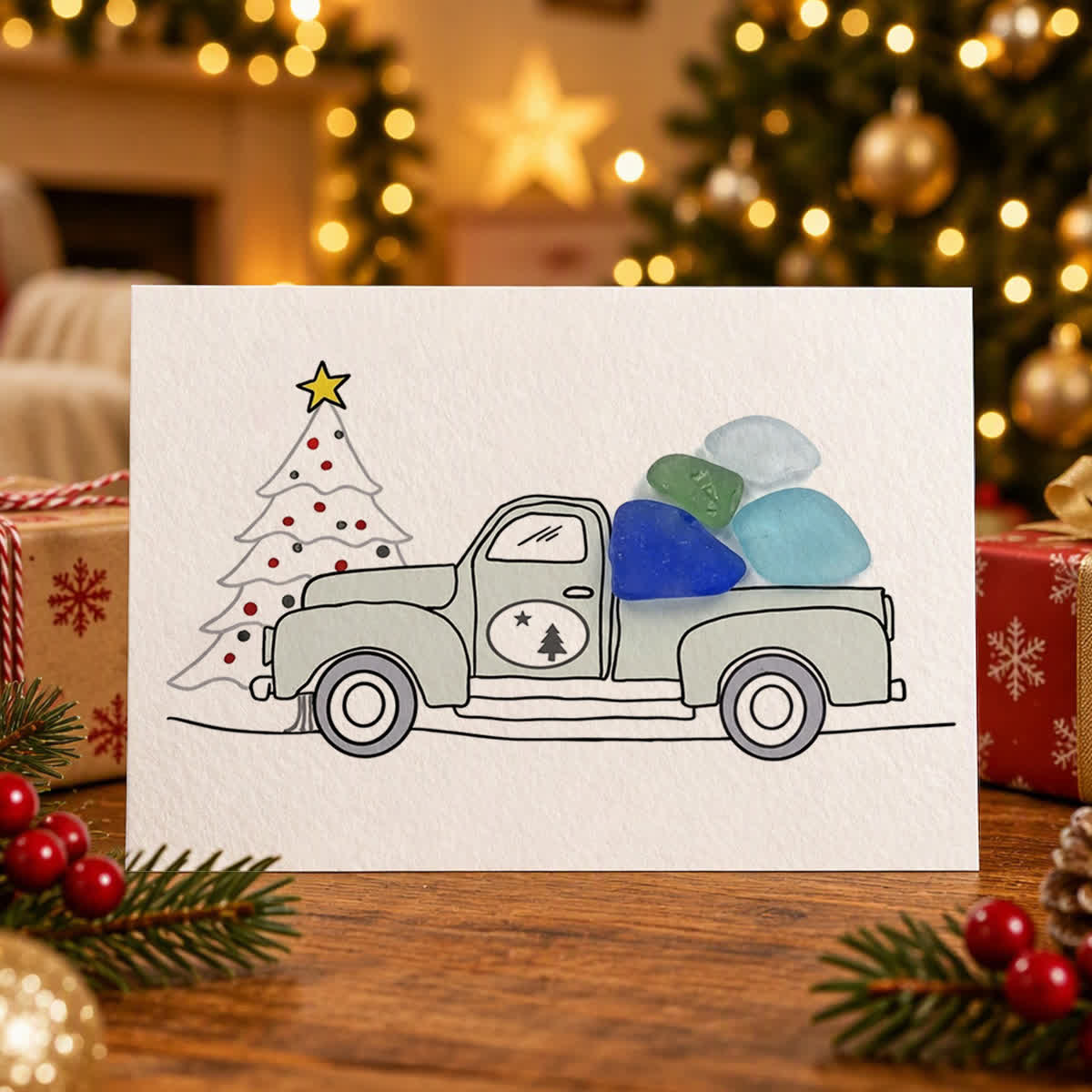 Christmas Truck Farmhouse Decor Sea Glass Framed Art - Seaglass Card - 6" X 8" - image 1