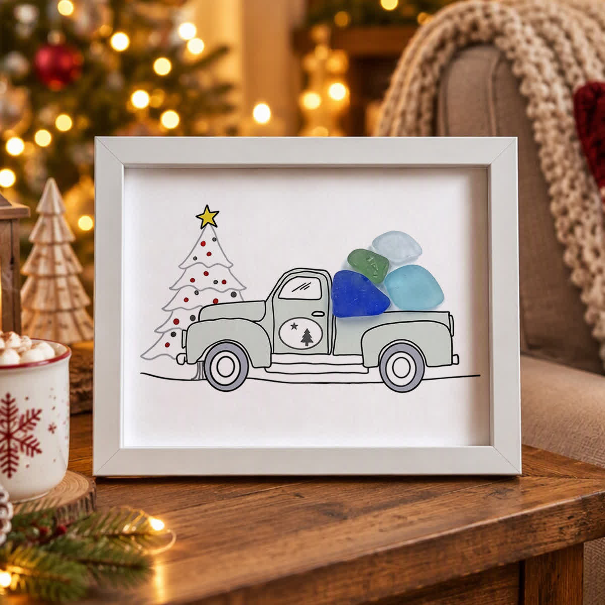 Christmas Truck Farmhouse Decor Sea Glass Framed Art - White - 6" X 8" - image 5