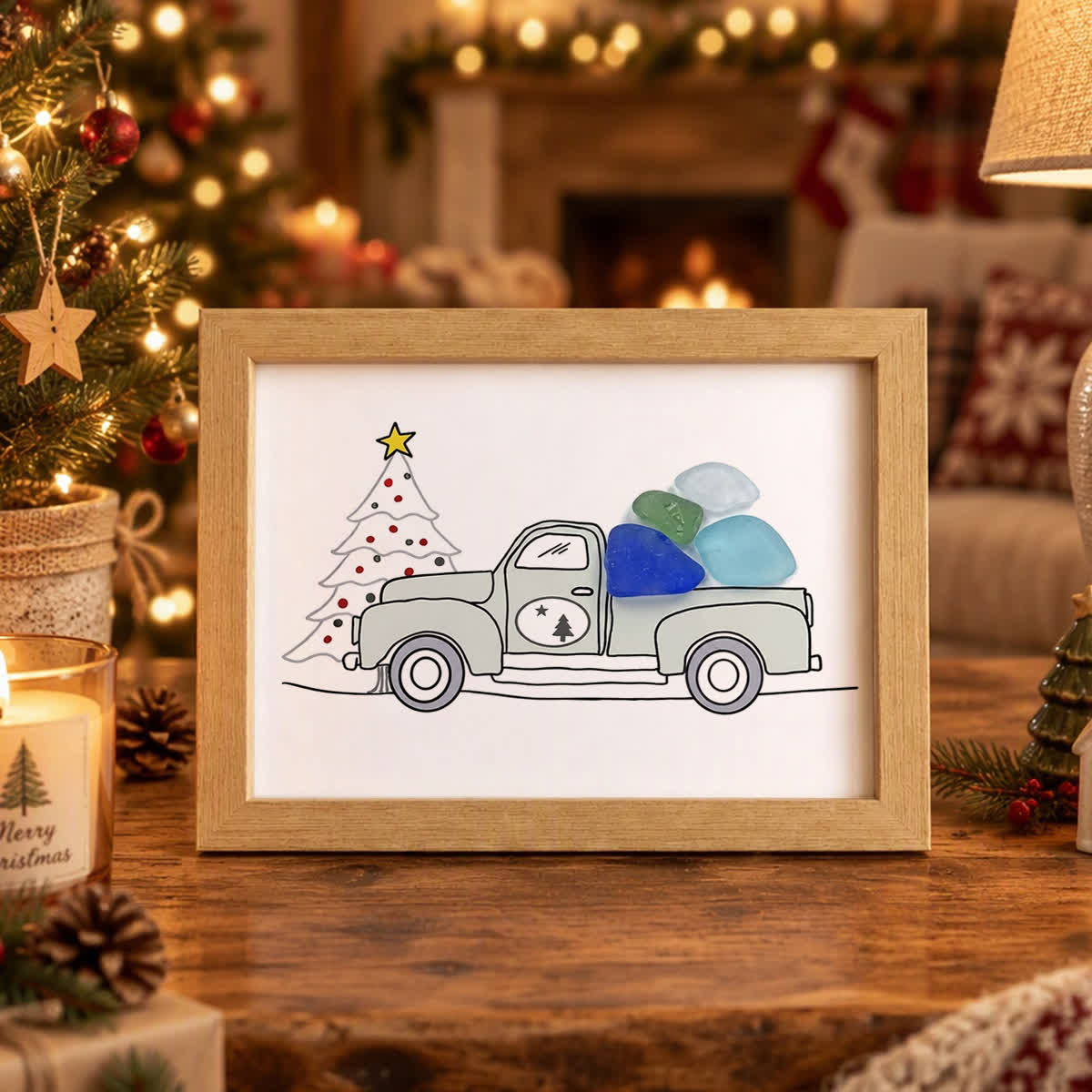 Christmas Truck Farmhouse Decor Sea Glass Framed Art - Oak - 6" X 8" - image 2