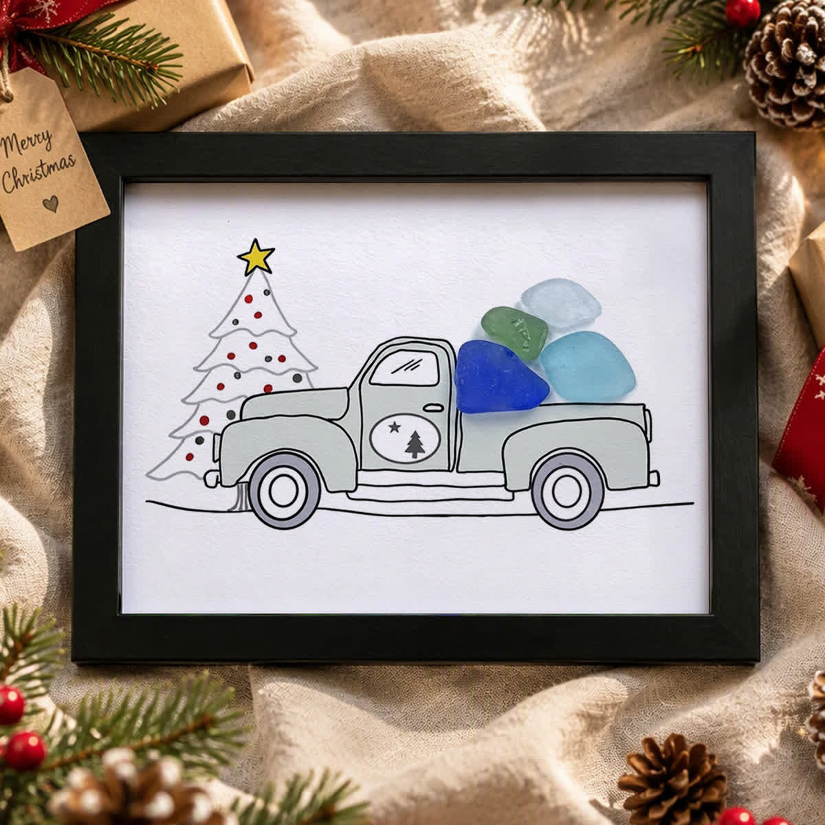 Christmas Truck Farmhouse Decor Sea Glass Framed Art - Black - 6" X 8" - image 4