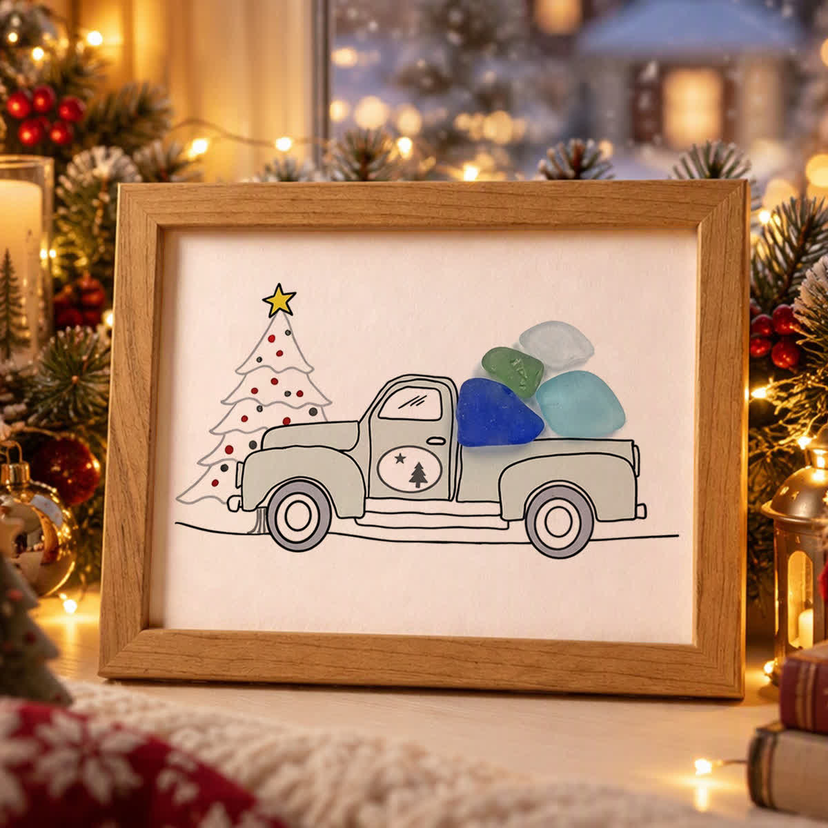 Christmas Truck Farmhouse Decor Sea Glass Framed Art - Walnut Brown - 6" X 8" - image 3