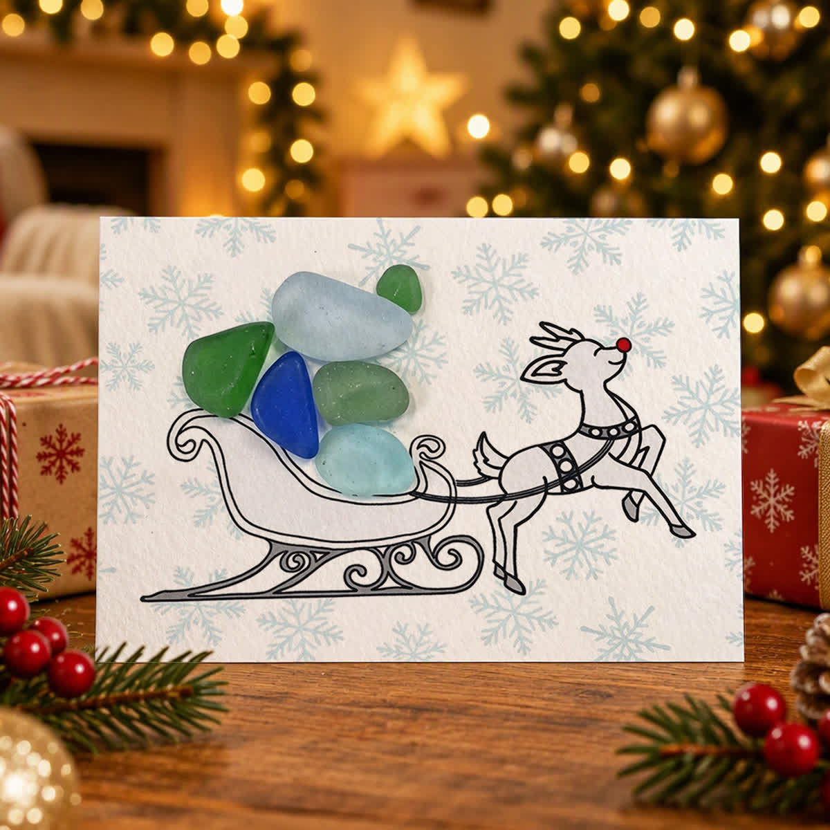 Flying Reindeer And Snowflake Christmas Sea Glass Framed Art - Seaglass Card - 6" X 8" - image 1