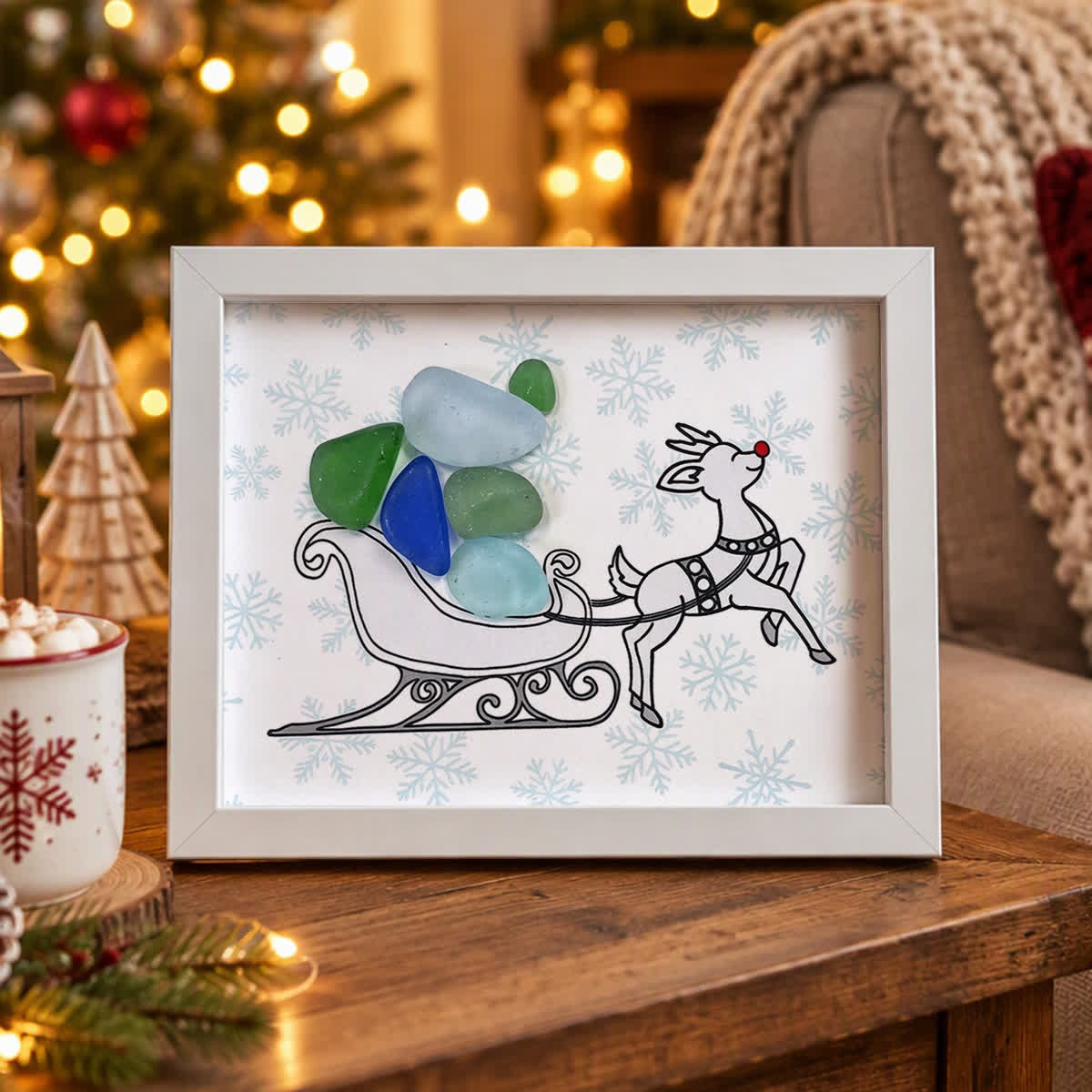 Flying Reindeer And Snowflake Christmas Sea Glass Framed Art - White - 6" X 8" - image 0