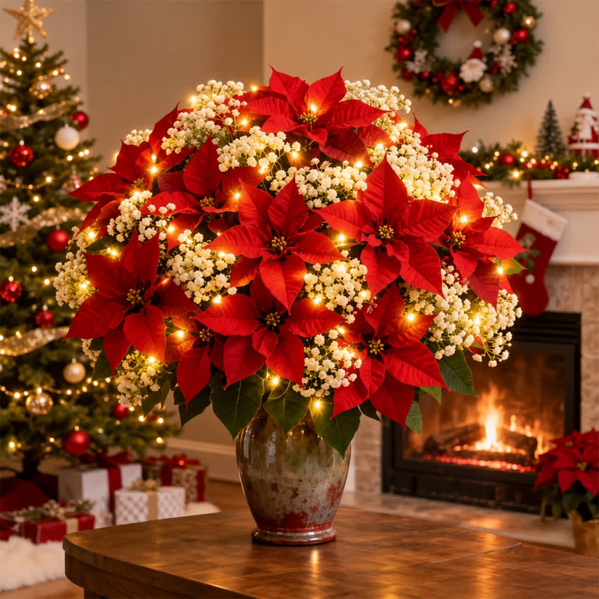Light Up DIY Poinsettia Bouquet - Christmas Artificial Flowers Decor With LED Light - 2 Pack - image 0