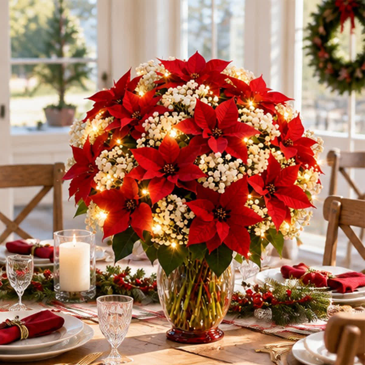 Light Up DIY Poinsettia Bouquet - Christmas Artificial Flowers Decor With LED Light - image 5