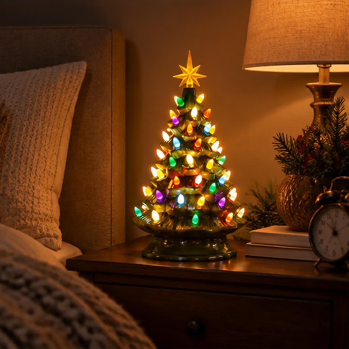 Mini Christmas Tree With Colorful Bulbs & Star - Light Up Vintage Christmas Tree Figurine Decor - image 1