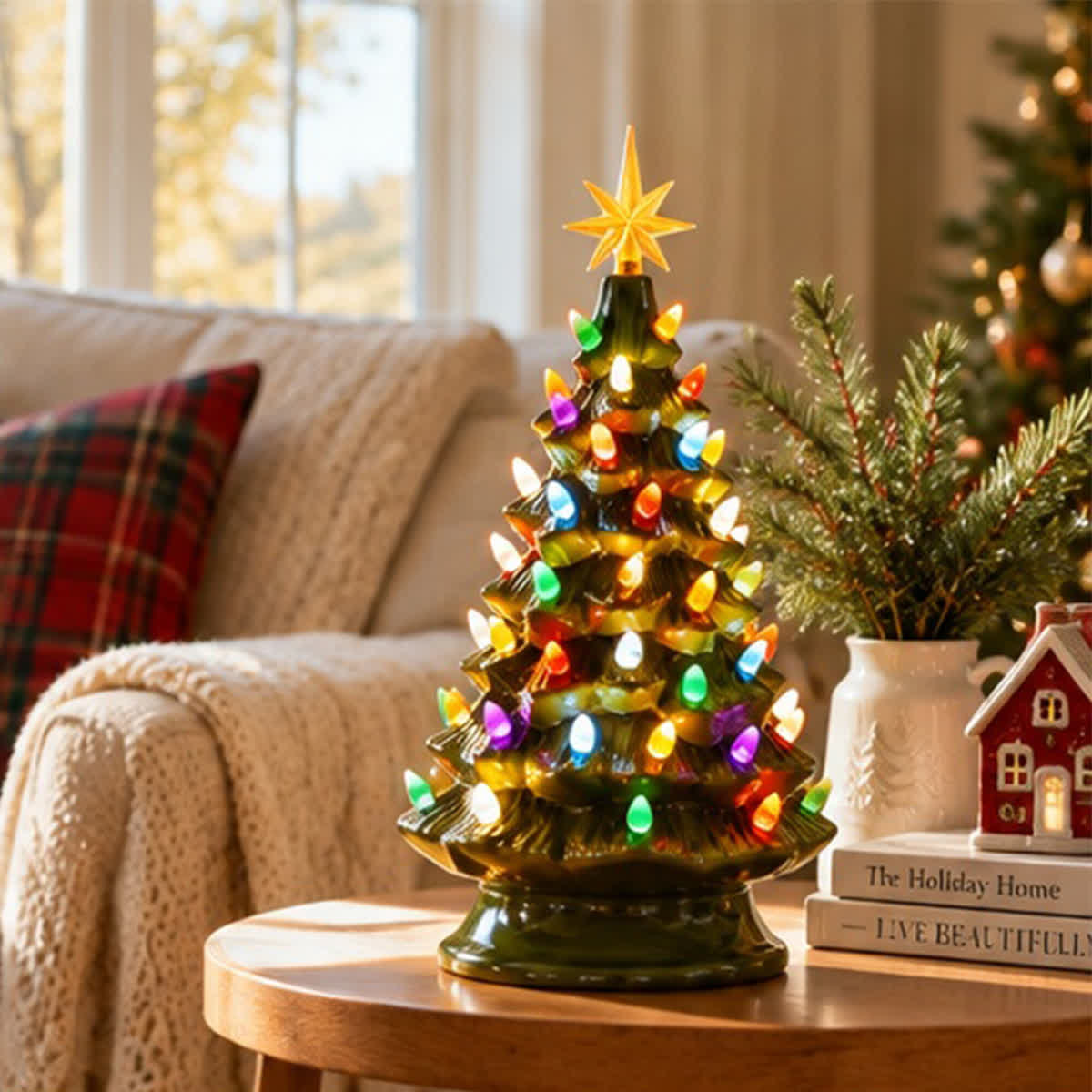 Mini Christmas Tree With Colorful Bulbs & Star - Light Up Vintage Christmas Tree Figurine Decor - Christmas Tree - image 0
