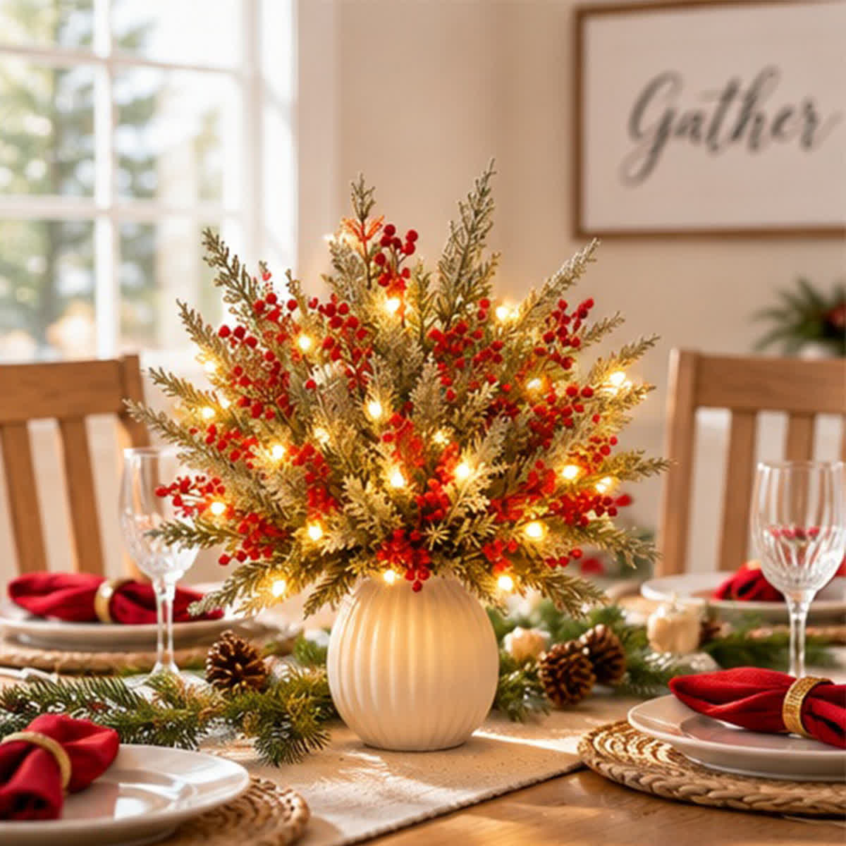 Christmas Pine Branches & Berry Bouquet - DIY Artificial Flowers Decor With LED Light String - image 5