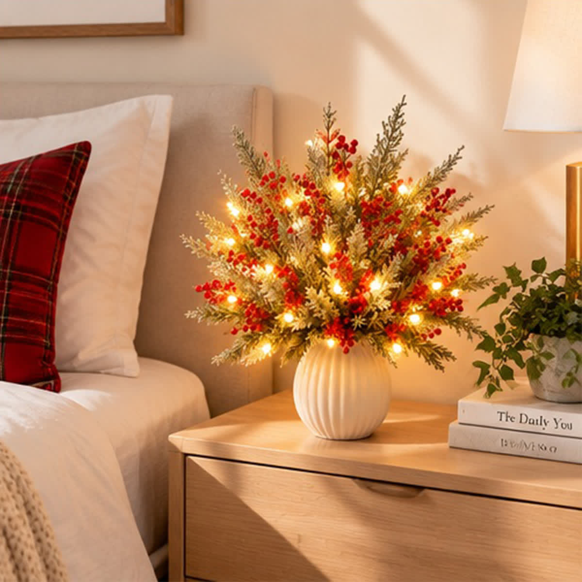Christmas Pine Branches & Berry Bouquet - DIY Artificial Flowers Decor With LED Light String - image 4