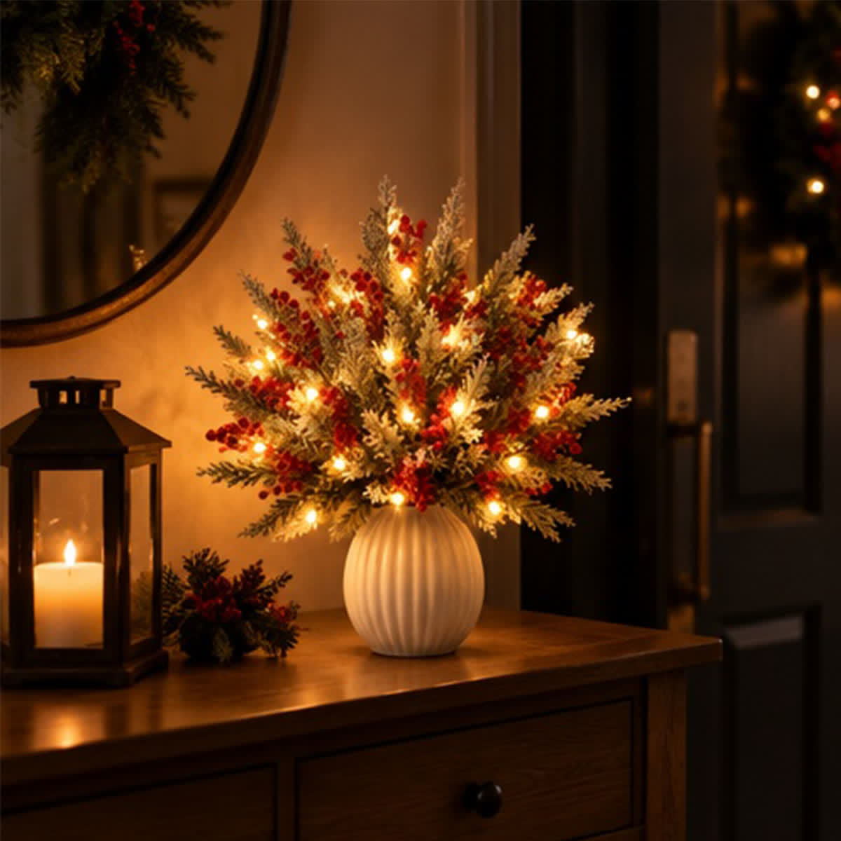 Christmas Pine Branches & Berry Bouquet - DIY Artificial Flowers Decor With LED Light String - image 2