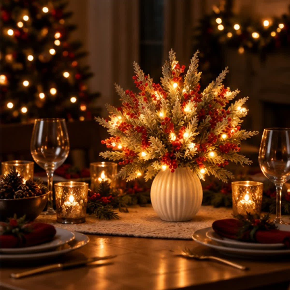 Christmas Pine Branches & Berry Bouquet - DIY Artificial Flowers Decor With LED Light String - image 3