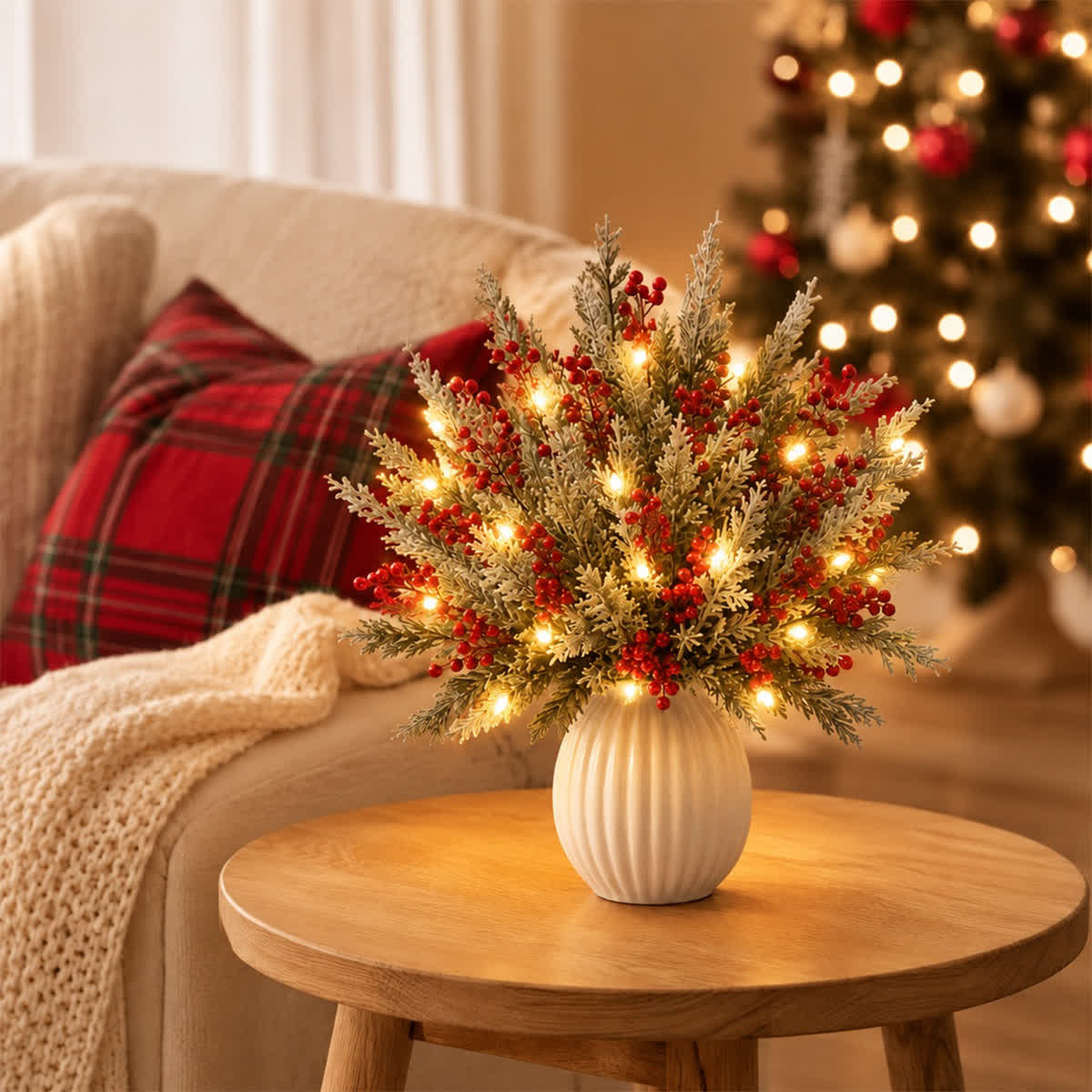 Christmas Pine Branches & Berry Bouquet - DIY Artificial Flowers Decor With LED Light String - 2 Pack - image 0